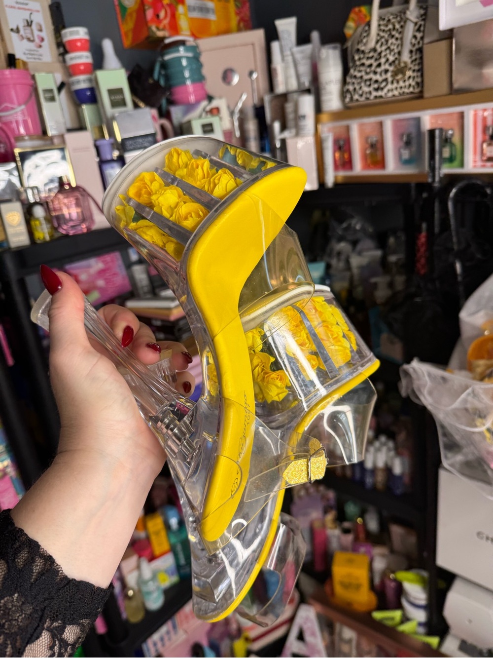 Clear Platform Heels with Yellow Insole and Floral Accent
